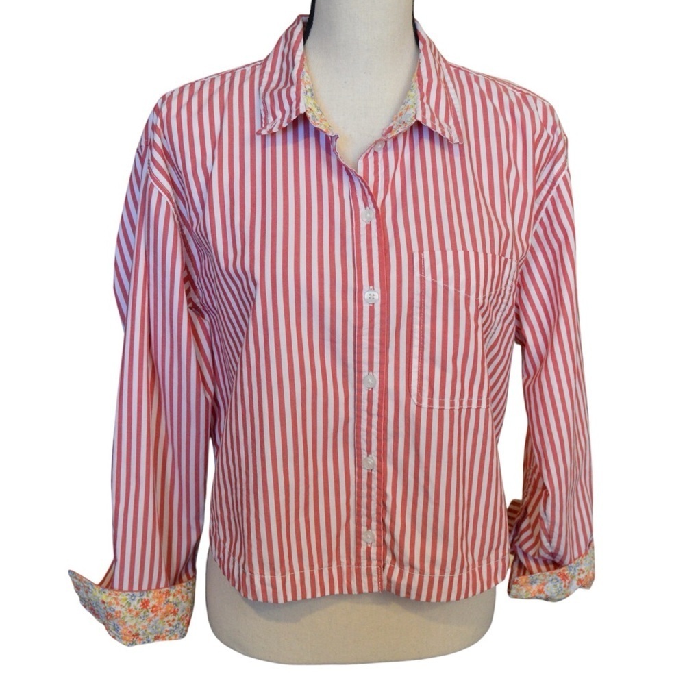 American Eagle Red & White‎ Pinstriped Cropped Button Down Blouse, Small - Picture 5 of 11